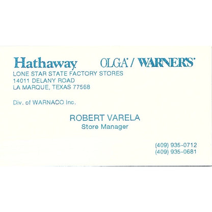 Robert Varela Hathaway Olga/Warners La Marque TX Vintage Business Card SD9-B13