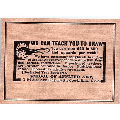 Learn to Draw School of Applied Art Battle Creek MI - 1908 Ad AF5-4
