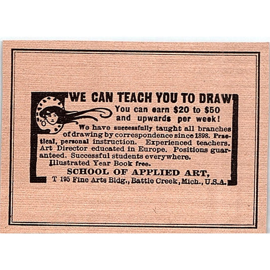 Learn to Draw School of Applied Art Battle Creek MI - 1908 Ad AF5-4