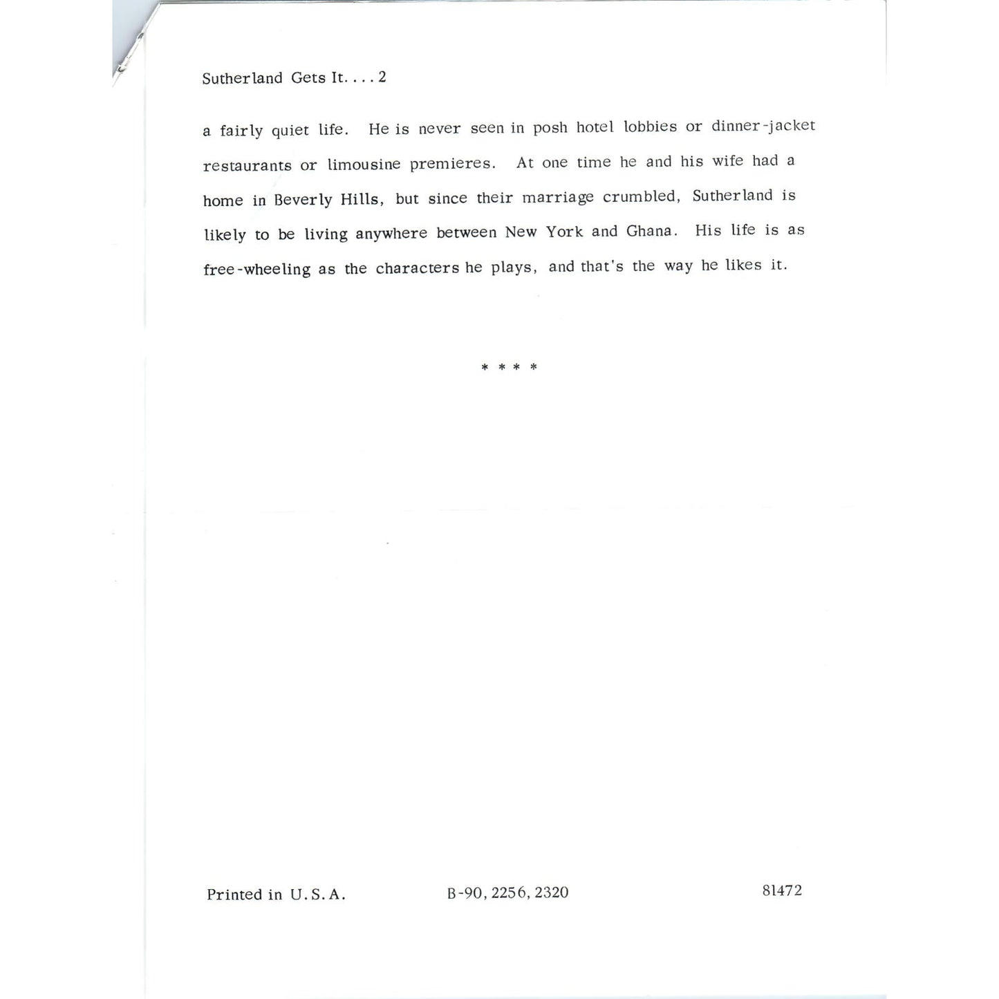 c1973 Warner Brothers Studio Donald Sutherland Promotional Bio Sheet AE6