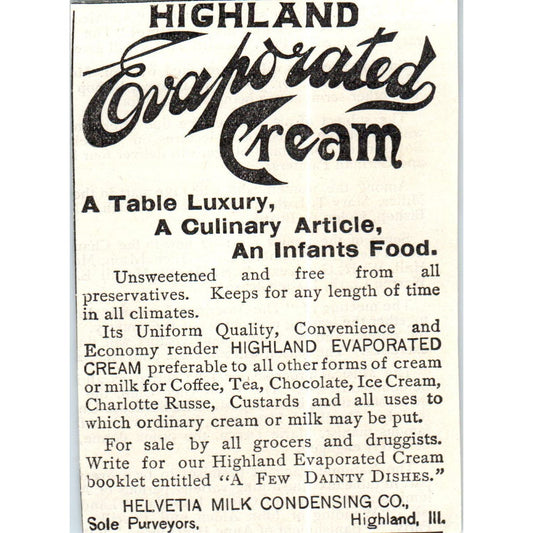 Highland Evaporated Cream Helvetia Milk Condensing Co Highland c1890 Ad AE8-CH8