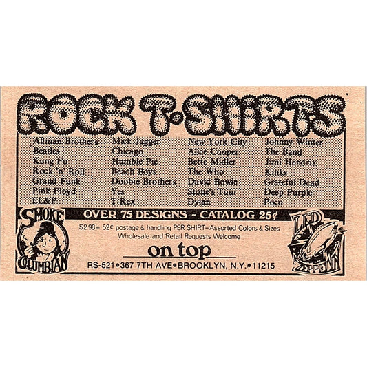 Rock T-Shirts On Top 367 7th Ave Brooklyn NY 2x4 1974 Ad AF6-M1