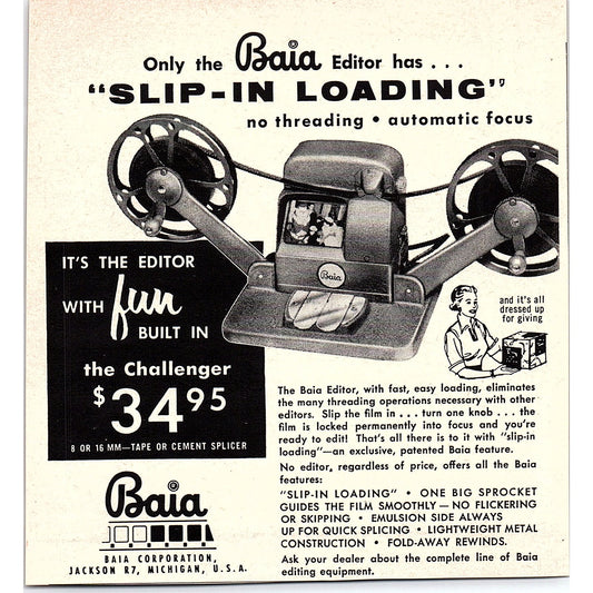 Baia Slip-In Loading Film Editor Jackson MI 1960 Magazine Ad AG6-5