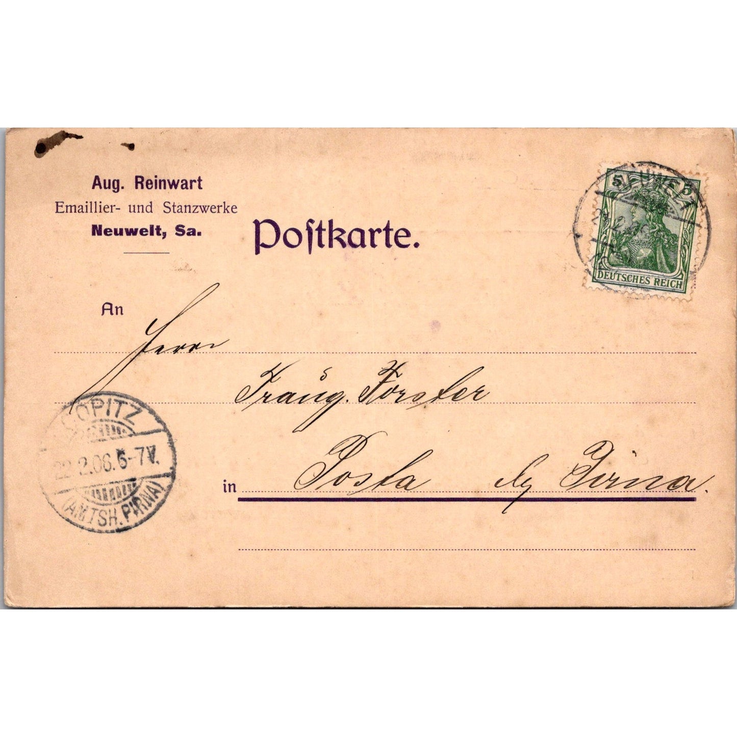 Aug. Reinwart Neuwelt SA Copitz 1906 German Reich Postcard P5-11