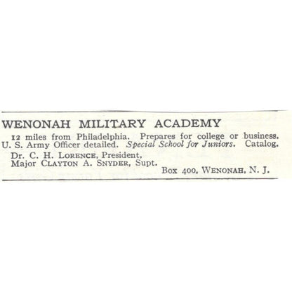 Wenonah Military Academy C.H. Lorence Clatyon A. Snyder NJ c1918 Ad AE5-SA11