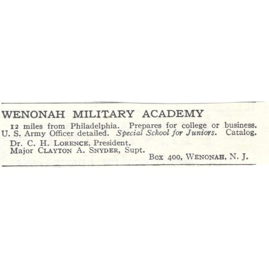 Wenonah Military Academy C.H. Lorence Clatyon A. Snyder NJ c1918 Ad AE5-SA11