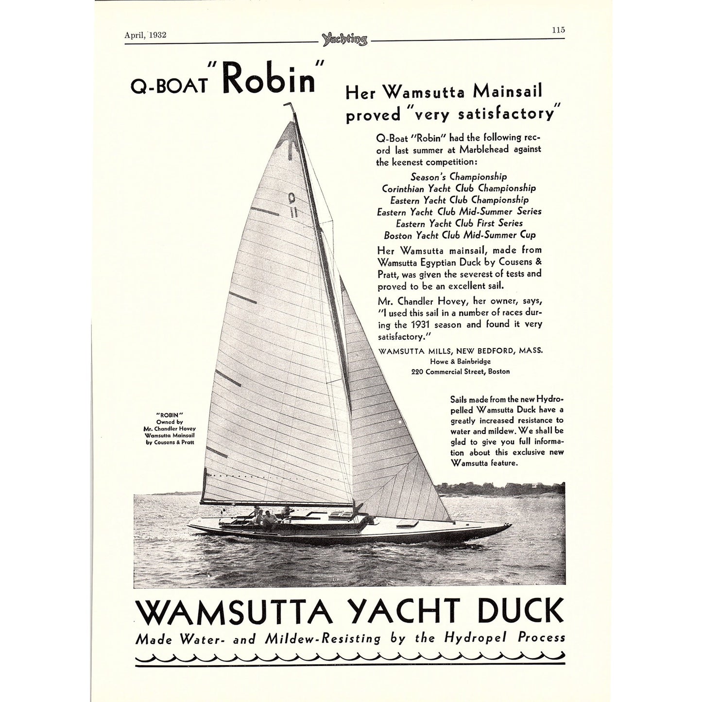 Wamsutta Yacht Duck Q-Boat Wamsutta Mills New Bedford MA 1932 Ad V1-4