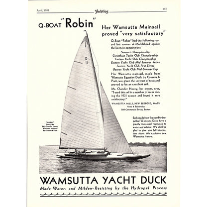 Wamsutta Yacht Duck Q-Boat Wamsutta Mills New Bedford MA 1932 Ad V1-4