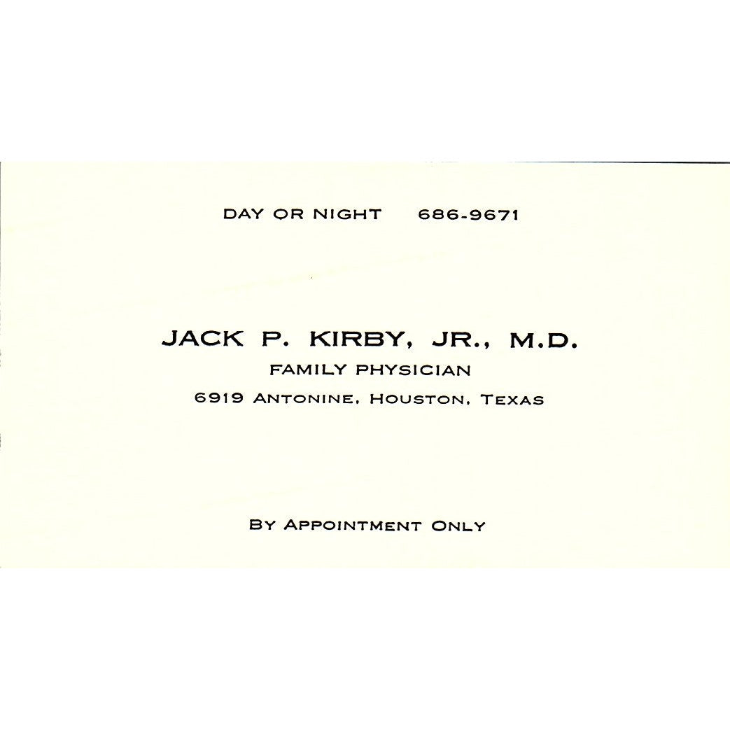 Family Physician, Jack P. Kirby, JR., M.D., Houston, Texas Business Card SF-B9
