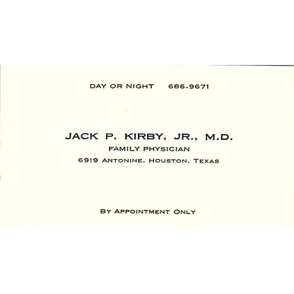 Family Physician, Jack P. Kirby, JR., M.D., Houston, Texas Business Card SF-B9