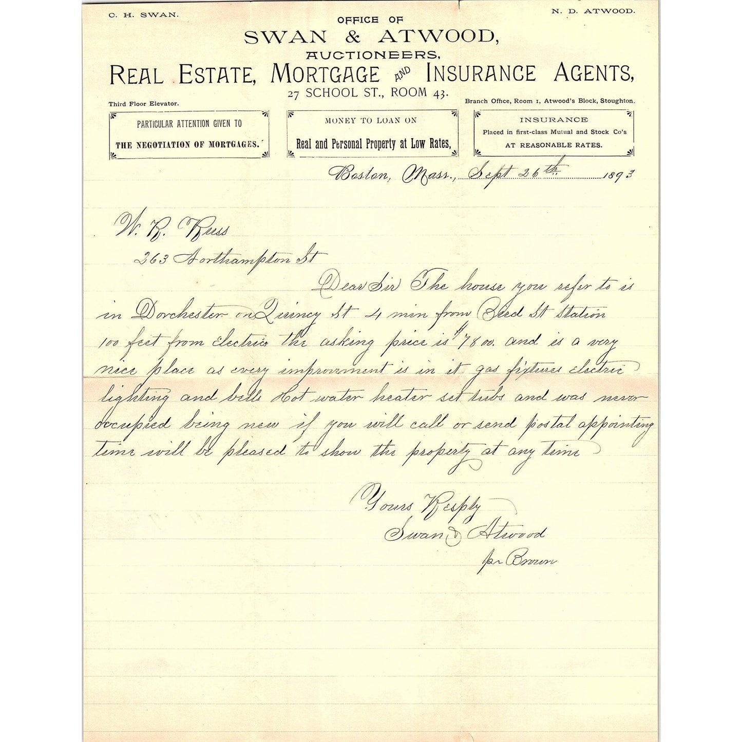 1893 Swan & Atwood Auctioneers Letterhead Memo Boston MA AF4-2