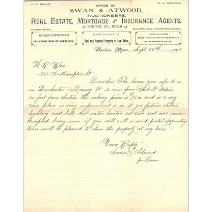 1893 Swan & Atwood Auctioneers Letterhead Memo Boston MA AF4-2