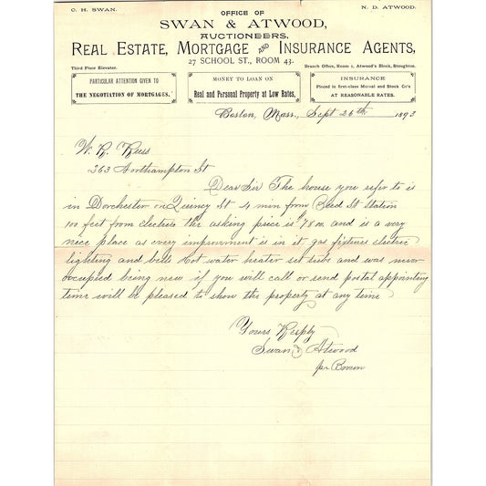 1893 Swan & Atwood Auctioneers Letterhead Memo Boston MA AF4-2