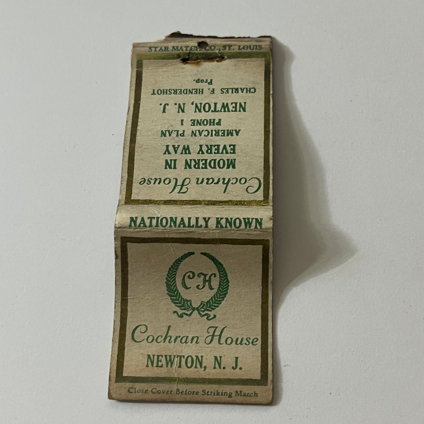 Cochran House Charles F Hendershot Newton NJ Vintage Matchbook TB6-MB2-11