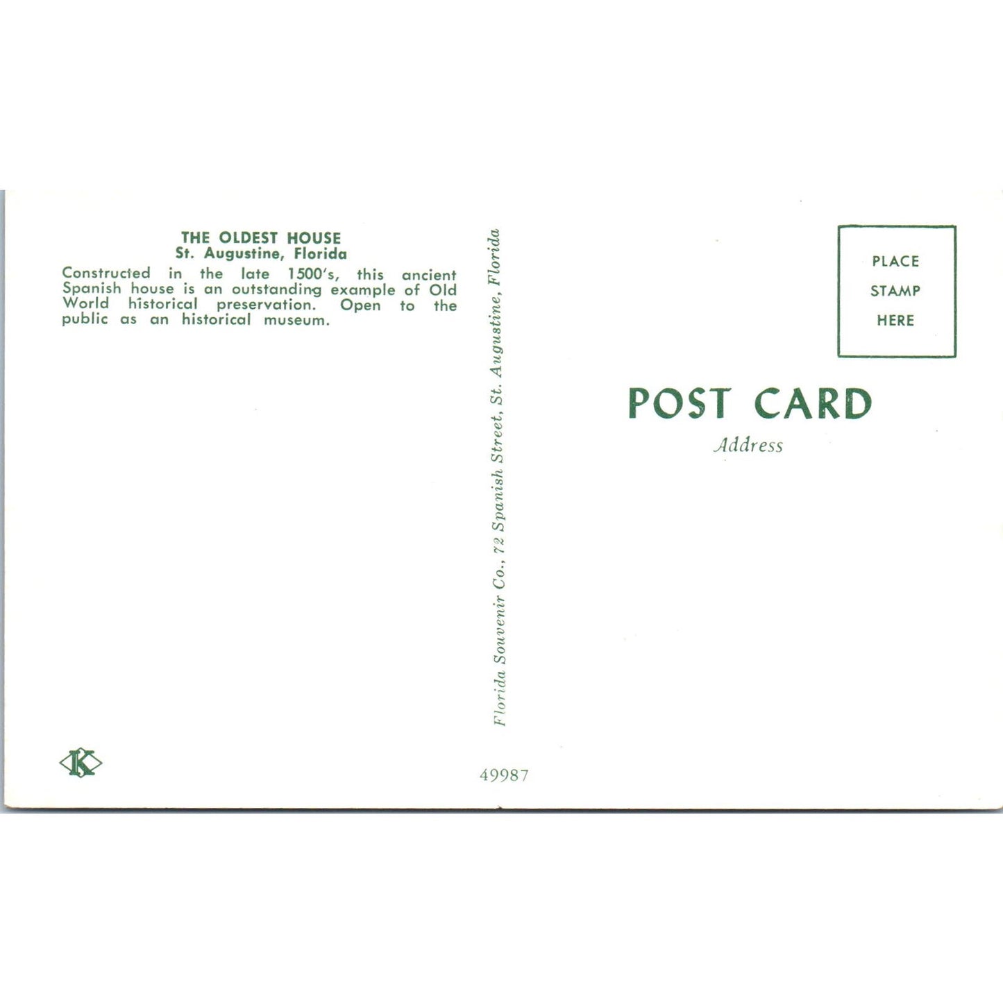 Exterior View Oldest House in St. Augustine FL Vintage Postcard PD1