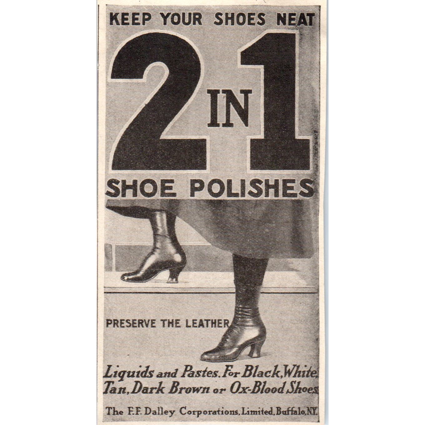 2 in 1 Shoe Polishes F.F. Dalley Corporation Buffalo NY 1918 Magazine Ad AF1-WH1