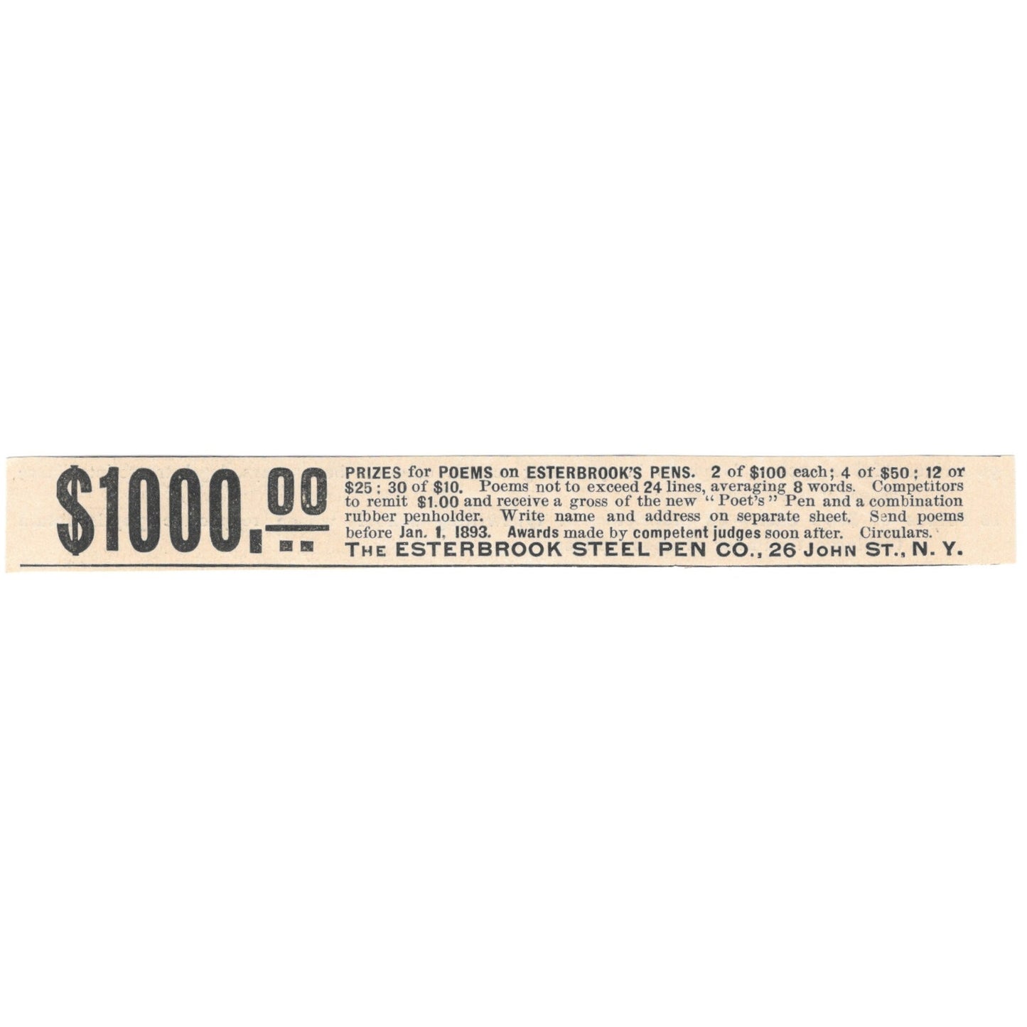 Esterbrook Steel Pen Co 1000 Dollar Prize Promotion 1892 Magazine Ad AK6-H1