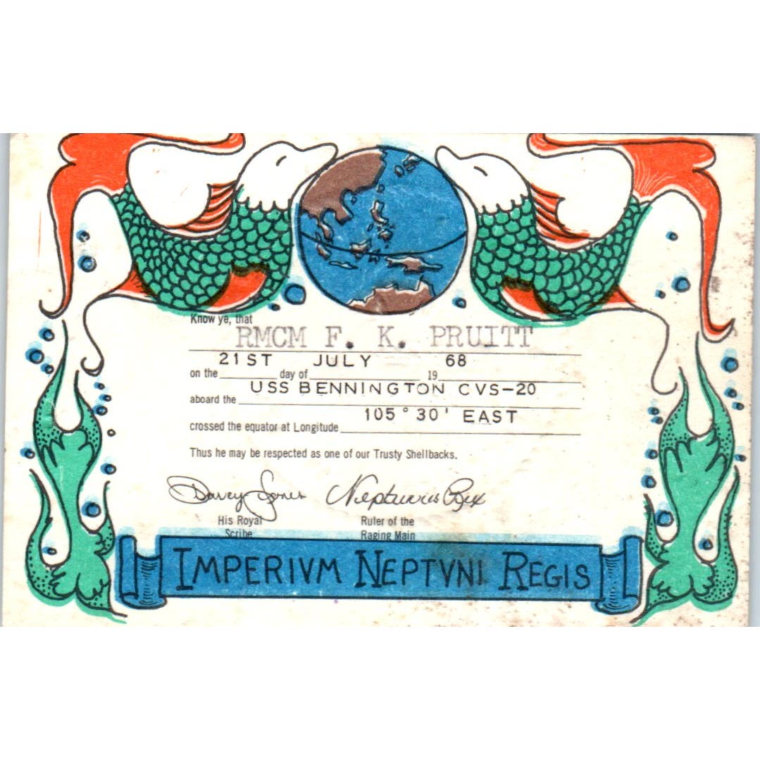 1968 Imperium Neptuni Regis Card USS Bennington RMCM F.K. Pruitt AD7