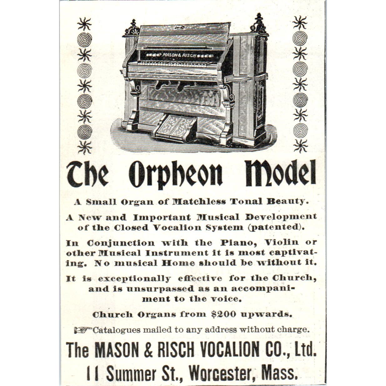 The Orpheon Organ Mason & Risch Vocalion Co Worcester 1897 Victorian Ad AE9-TS10