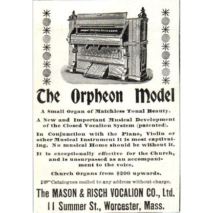 The Orpheon Organ Mason & Risch Vocalion Co Worcester 1897 Victorian Ad AE9-TS10