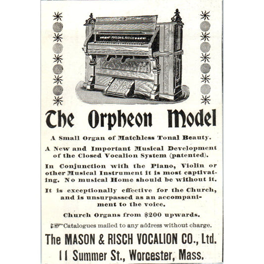 The Orpheon Organ Mason & Risch Vocalion Co Worcester 1897 Victorian Ad AE9-TS10