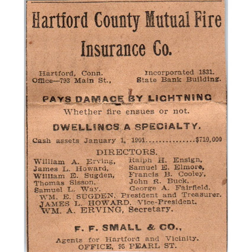 Hartford County Mutual Fire Co F.F. Small & Co 1901 Newspaper Ad AD8-HS6