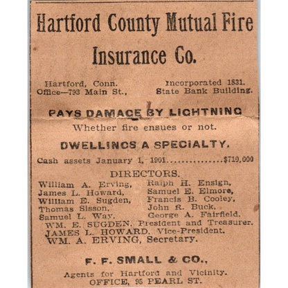 Hartford County Mutual Fire Co F.F. Small & Co 1901 Newspaper Ad AD8-HS6