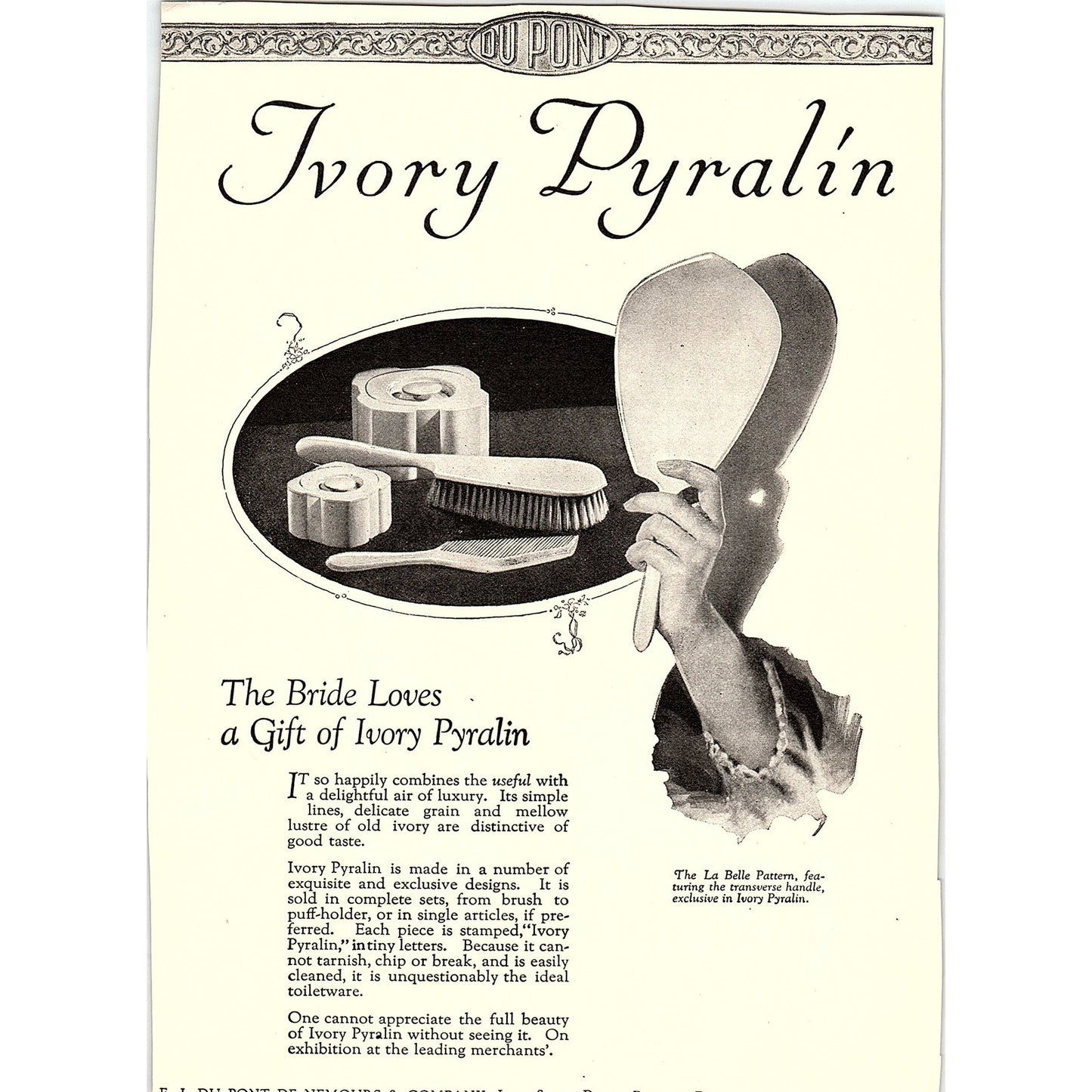 Ivory Pyralin La Belle Pattern Vanity Mirror and Accessories c1920 Ad AF8-8