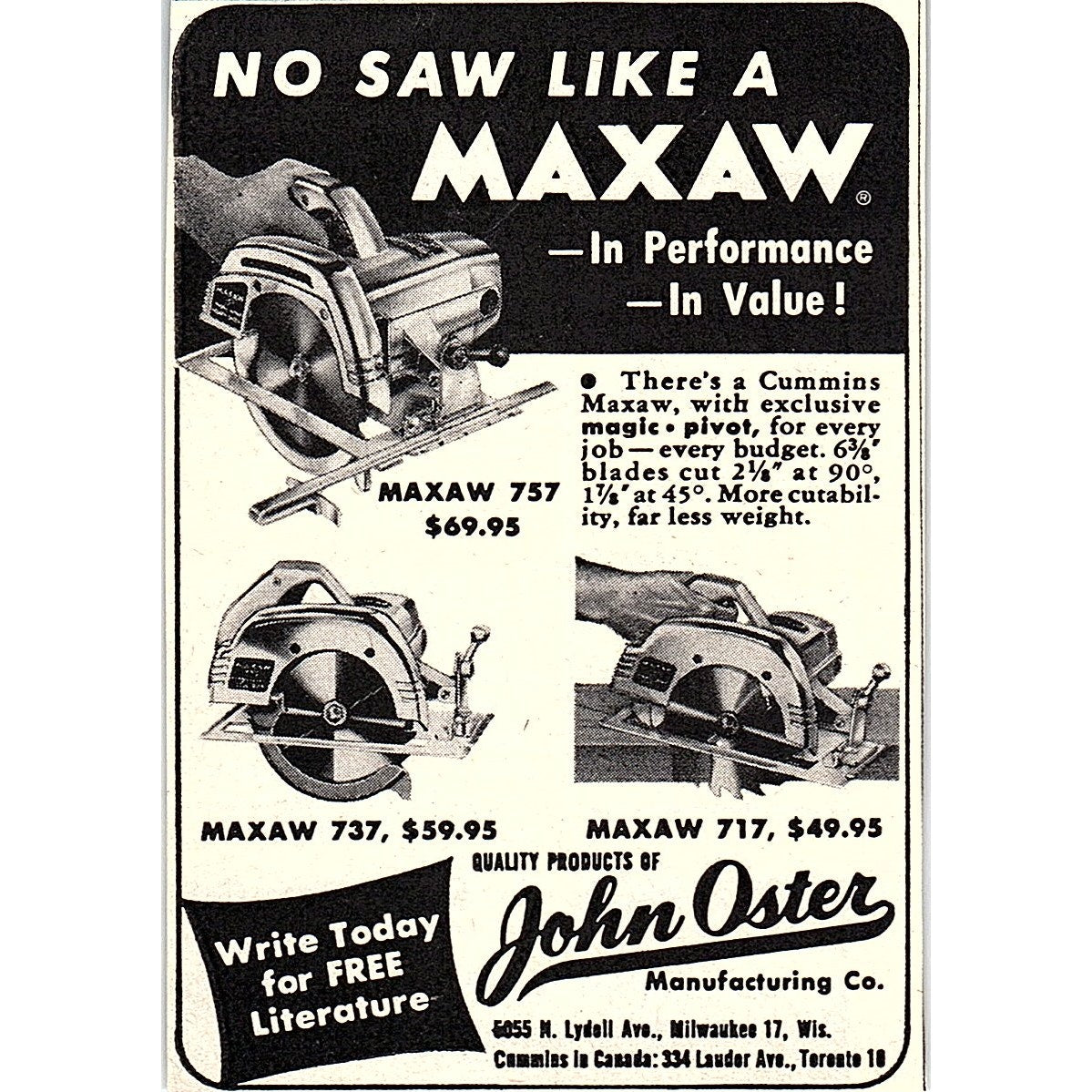 John Oster Maxaw Circular Saw Milwaukee WI 1955 Ad AF9-M2