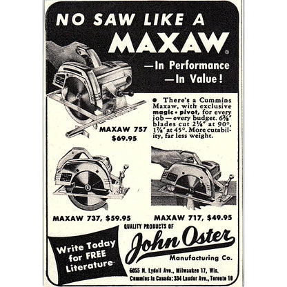 John Oster Maxaw Circular Saw Milwaukee WI 1955 Ad AF9-M2