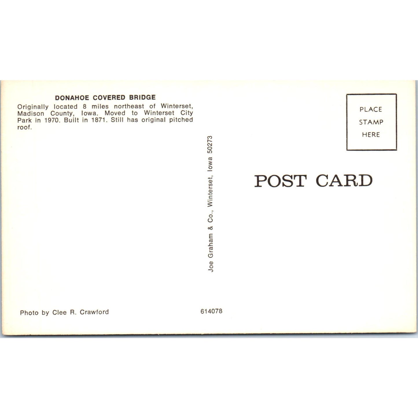 Donahoe Bridge Winterset Madison County IA Vintage Covered Bridge Postcard PC16