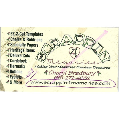 Cheryl Bradbury Scrappin 4 Memories Bakersfield CA Vintage Business Card SC9-B8