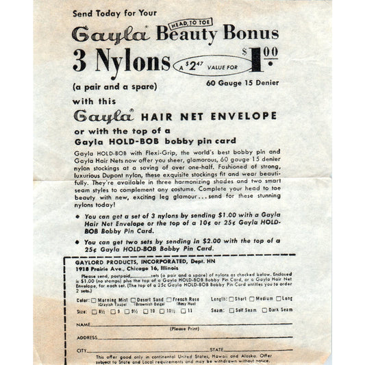 c1950 Gayla Beauty Nylon Stockings Gaylord Products Order Form AE2