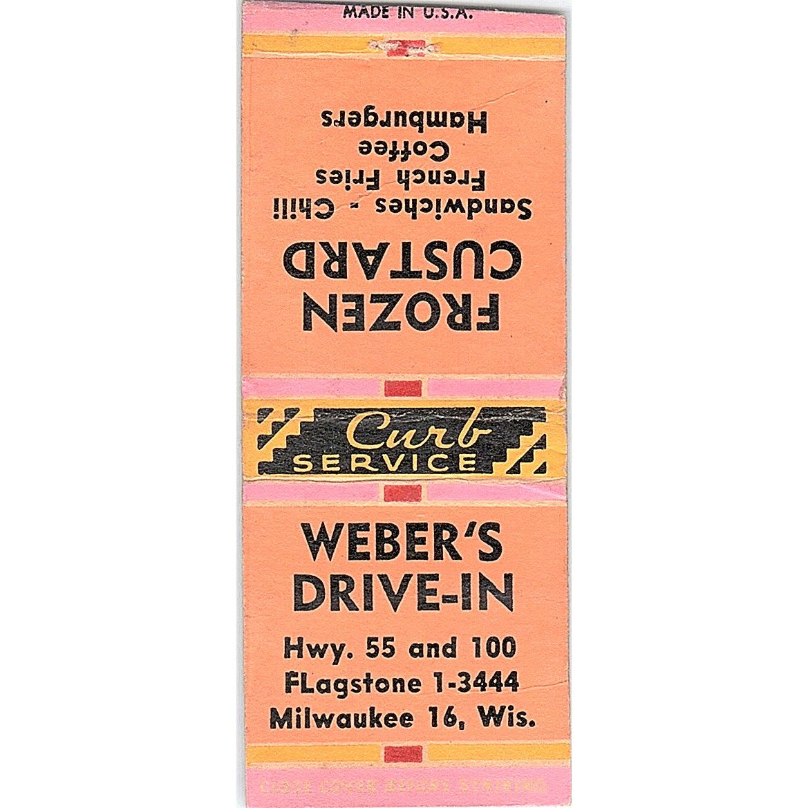 Weber's Drive-In Frozen Custard Milwaukee WI Vintage Matchbook Cover SE5-Y2