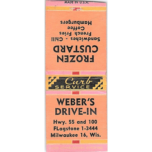 Weber's Drive-In Frozen Custard Milwaukee WI Vintage Matchbook Cover SE5-Y2