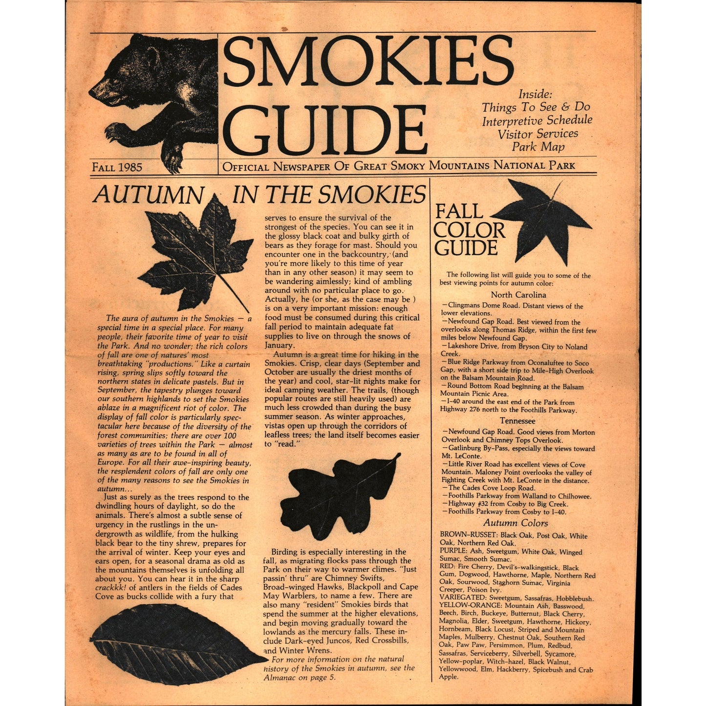1985 Fall Smokies Guide Great Smoky Mountains National Park Newspaper V1-1