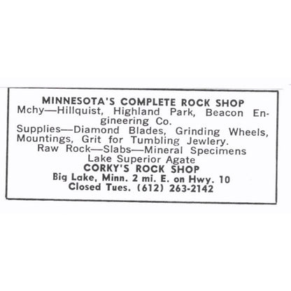 Corky's Rock Shop Lapidary Supply Big Lake Minnesota 1972 Ad AF8-S6