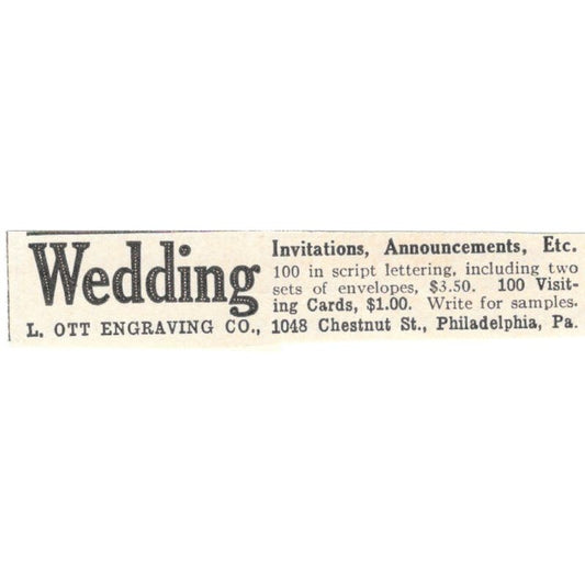 Wedding Engraving L. Ott Engraving Co Philadelphia 1924 Magazine Ad AF7-SS4