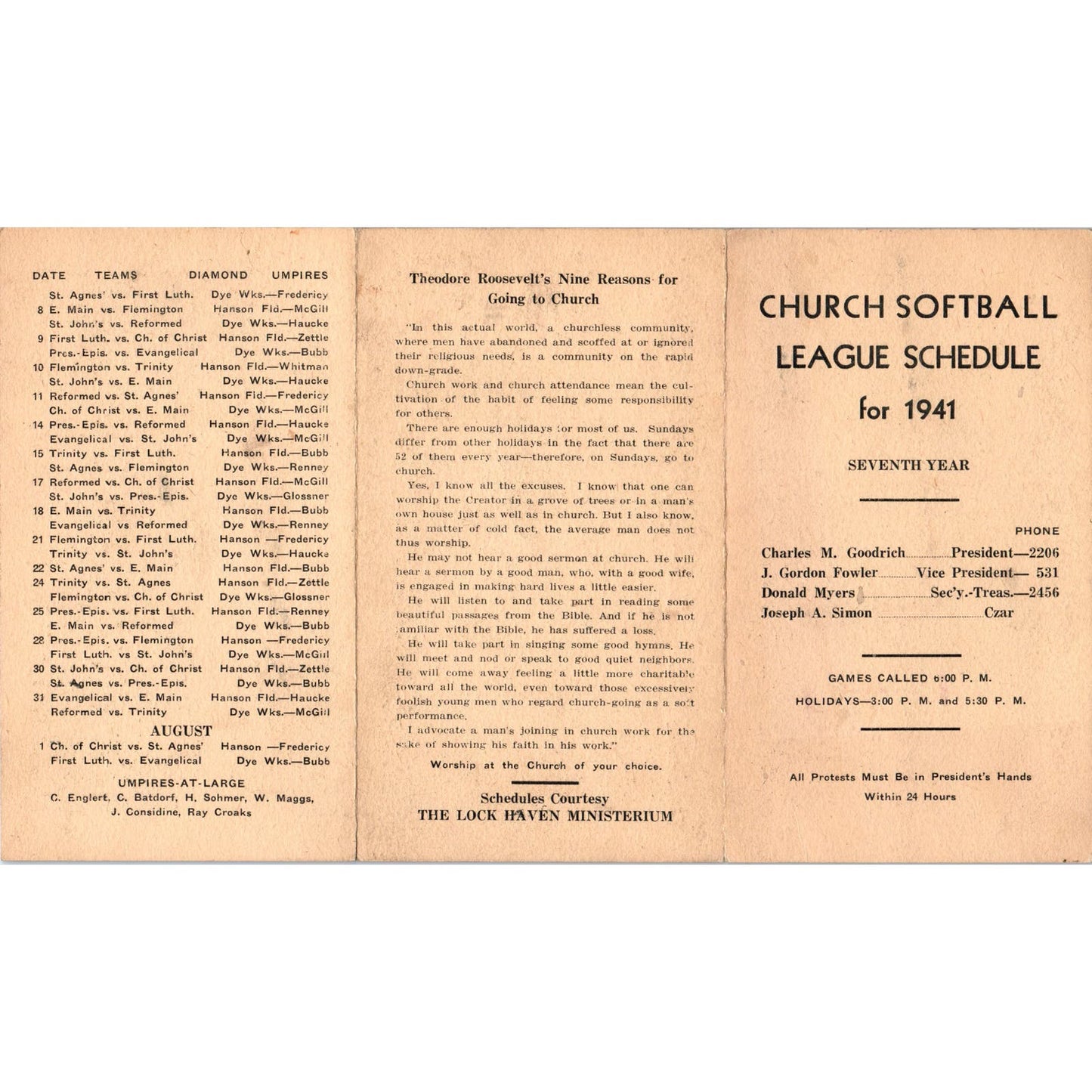 1941 Church Softball Schedule Lock Haven Ministerium Charles M. Goodrich AF1-RR3