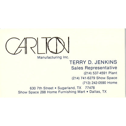 Terry D Jenkins Carlton Mfg Inc Sugarland, Dallas Vintage Business Card SC9-B7