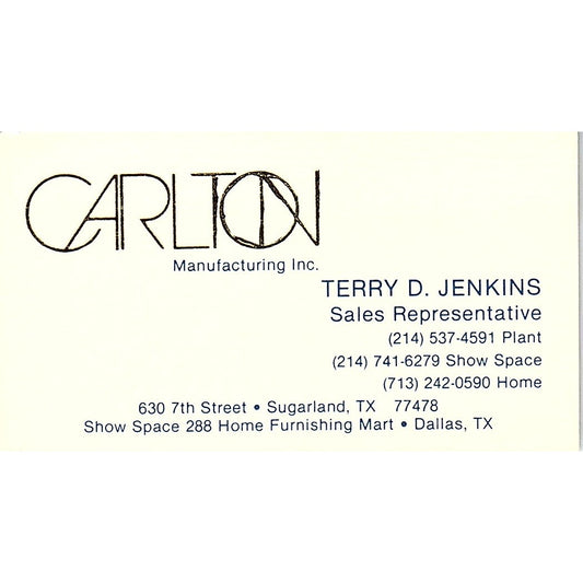 Terry D Jenkins Carlton Mfg Inc Sugarland, Dallas Vintage Business Card SC9-B7