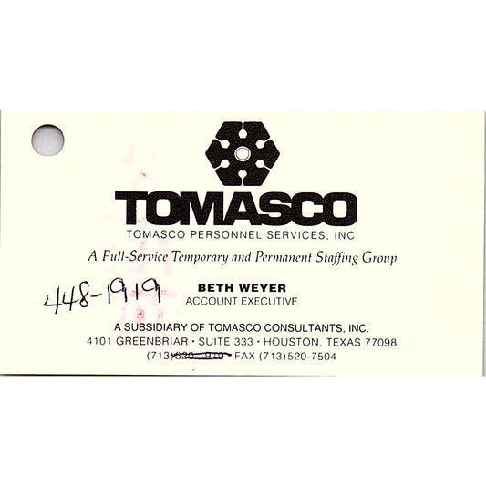 Tomasco Personnel Services Beth Weyer Houston Vintage Business Card SC9-B1