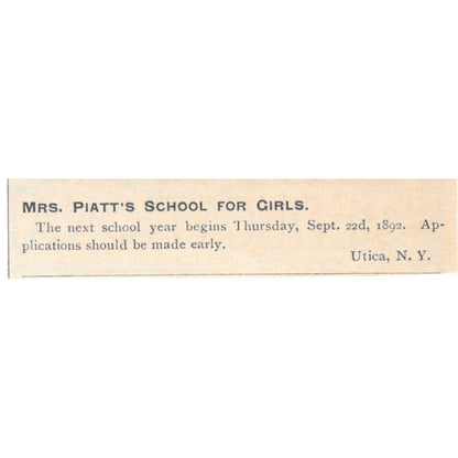 Miss Piatt's School for Girls Utica NY 1892 Magazine Ad AK6-S1