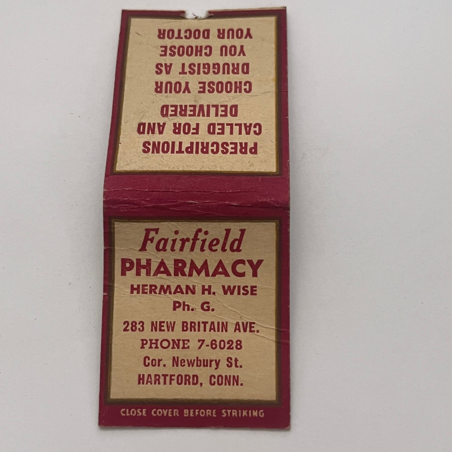 Fairfield Pharmacy Herman H Wise Hartford CT Vintage Matchbook Cover TB8-MB2-2