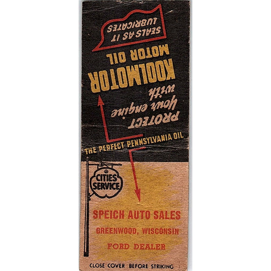 Speich Auto Sales Ford Dealer Greenwood WI Vintage Matchbook Cover SF3-Y5