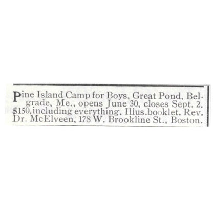 Pine Island Camp for Boys Great Pond Belgrade ME Dr. McElveen 1903 Ad AF8-S44