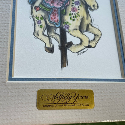 Yellow Carousel Horse 5x7 Matted Print Hand Watercolor, Signed Shar Coulson