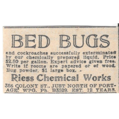 Riess Chemical Works Bed Bug Control Portage Winnipeg 1920 Ad AG2-S7