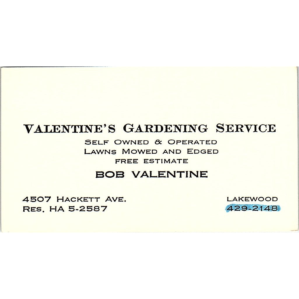 Valentine's Gardening Service Bob Valentine Lakewood CA Business Card SSB4-B13