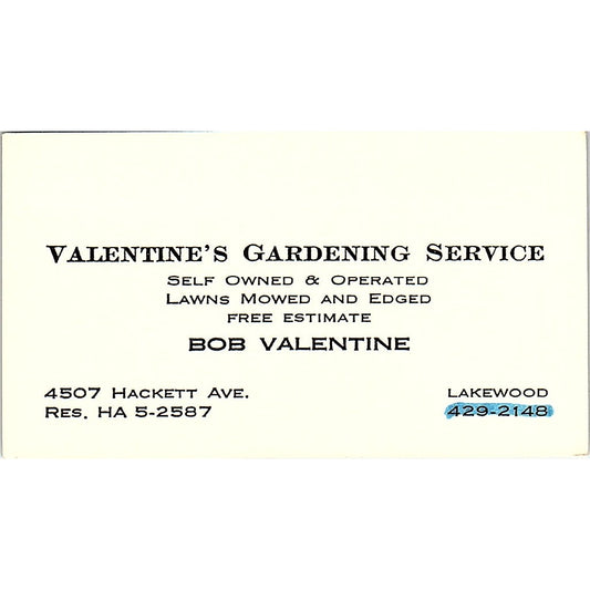 Valentine's Gardening Service Bob Valentine Lakewood CA Business Card SSB4-B13